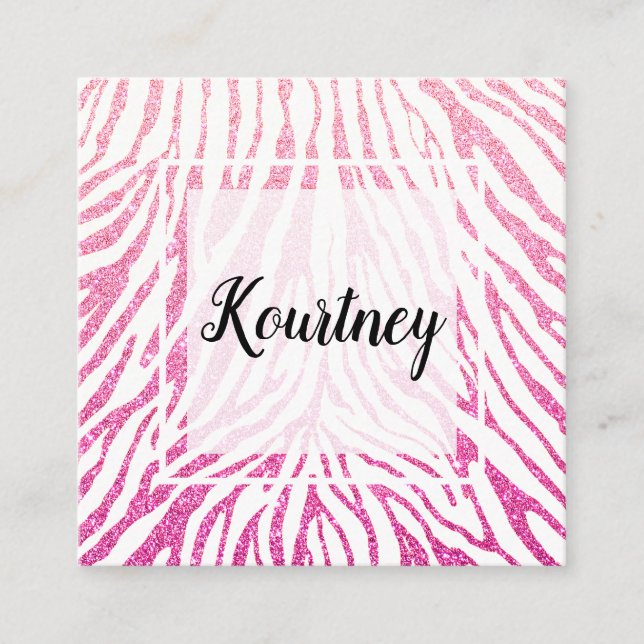 Bright Pink Faux Glitter Zebra Pattern White Frame Square Business Card (Front)