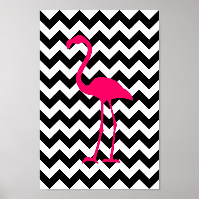 Bright Pink Flamingo Black and White Zigzag Poster (Front)