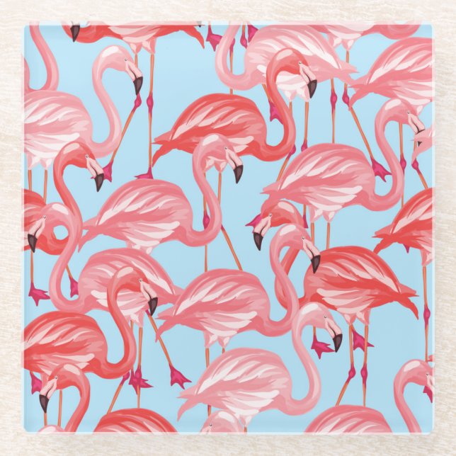 Bright Pink Flamingos On Blue 2 Glass Coaster (Front)