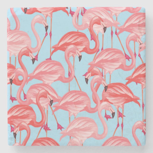 Bright Pink Flamingos On Blue 2 Stone Coaster (Front)