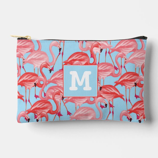 Bright Pink Flamingos On Blue | Add Your Initial Accessory Pouch (Front)