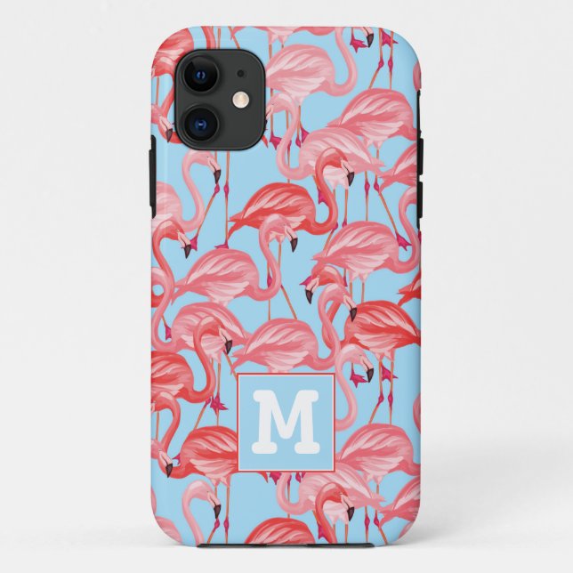Bright Pink Flamingos On Blue | Add Your Initial Case-Mate iPhone Case (Back)