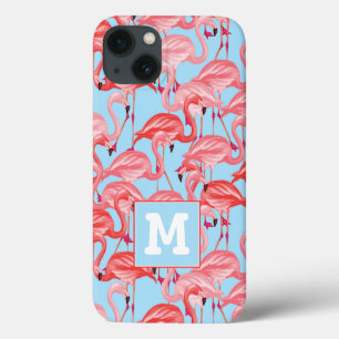 Bright Pink Flamingos On Blue Add Your Initial iPhone 13 Case