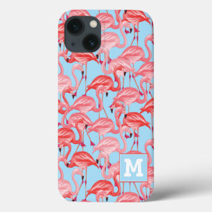 Bright Pink Flamingos On Blue   Add Your Initial iPhone 13 Case