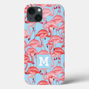 Bright Pink Flamingos On Blue Add Your Initial iPhone 13 Case