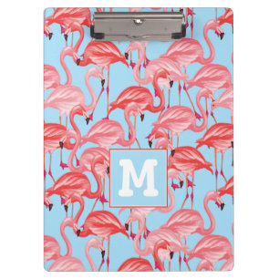 Bright Pink Flamingos On Blue   Add Your Initial Clipboard