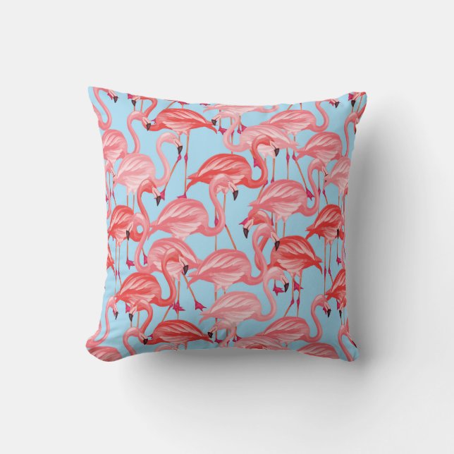 Bright Pink Flamingos On Blue | Add Your Initial Cushion (Front)