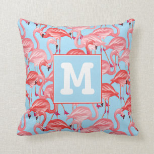 Bright Pink Flamingos On Blue Add Your Initial Cushion