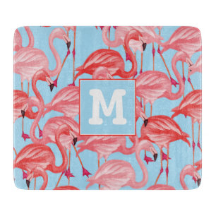 Bright Pink Flamingos On Blue   Add Your Initial Cutting Board