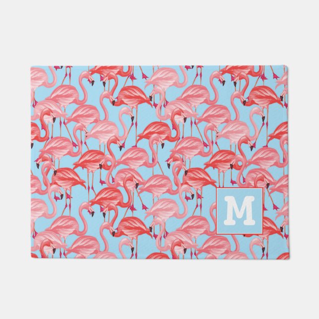 Bright Pink Flamingos On Blue | Add Your Initial Doormat (Front)