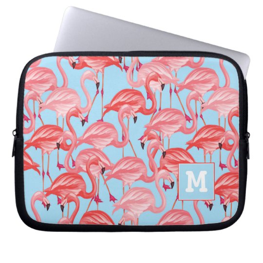 Bright Pink Flamingos On Blue | Add Your Initial Laptop Sleeve