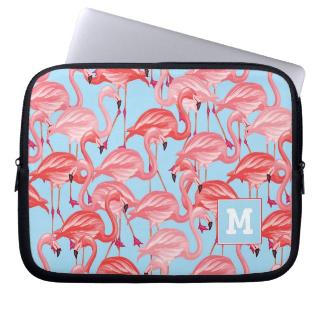 Bright Pink Flamingos On Blue | Add Your Initial Laptop Sleeve (Front)