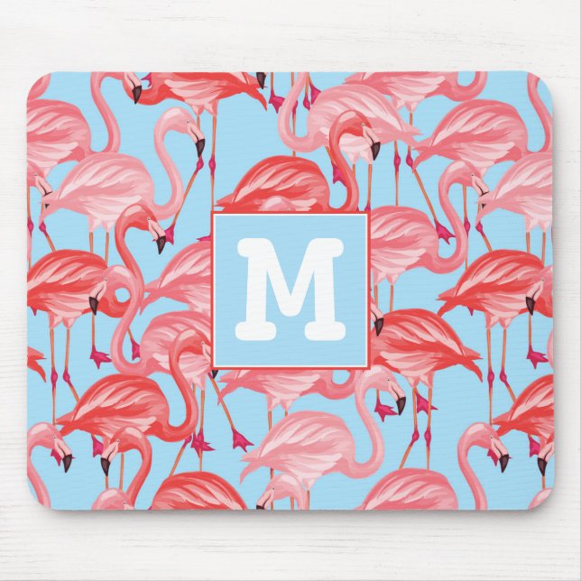 Bright Pink Flamingos On Blue | Add Your Initial Mouse Pad (Front)