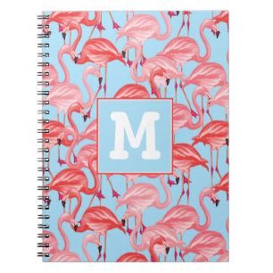 Bright Pink Flamingos On Blue Add Your Initial Notebook