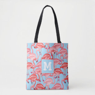 Bright Pink Flamingos On Blue Add Your Initial Tote Bag