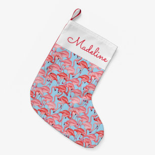Bright Pink Flamingos On Blue Add Your Name Small Christmas Stocking