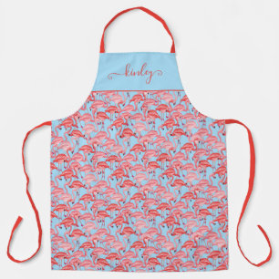 Bright Pink Flamingos On Blue Apron