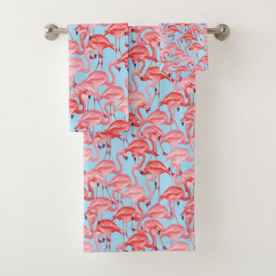 Bright Pink Flamingos On Blue Bath Towel Set