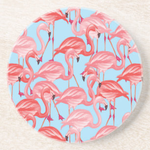 Bright Pink Flamingos On Blue Coaster