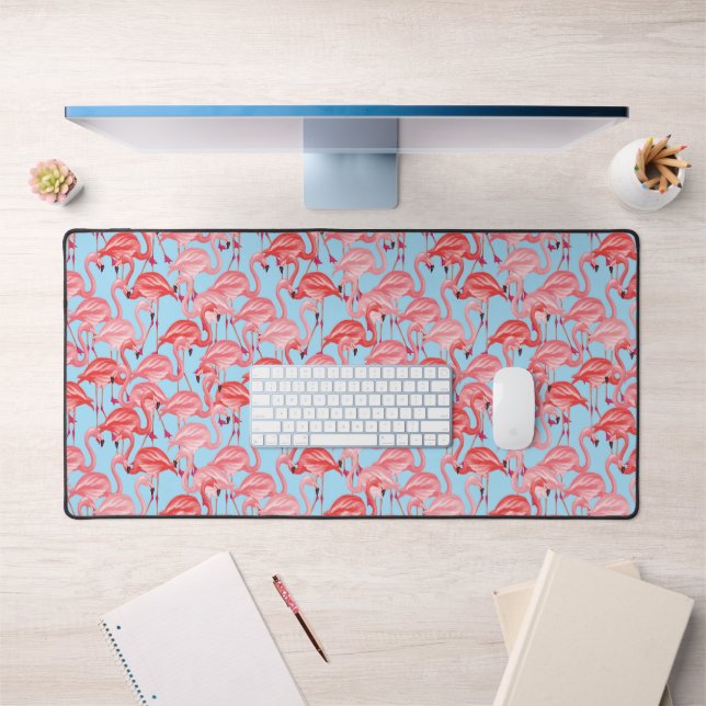 Bright Pink Flamingos On Blue Desk Mat (Office 1)