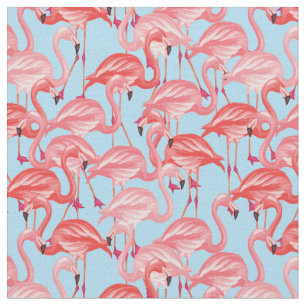 Bright Pink Flamingos On Blue Fabric
