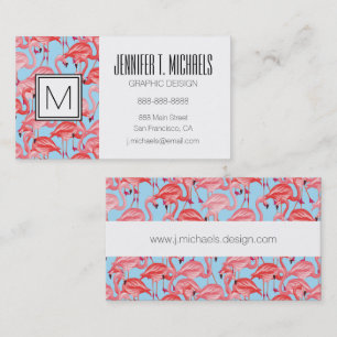 Bright Pink Flamingos On Blue   Monogram Business Card