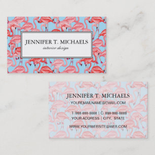 Bright Pink Flamingos On Blue   Monogram Business Card