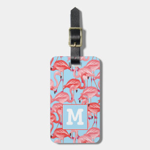 Bright Pink Flamingos On Blue Monogram Luggage Tag