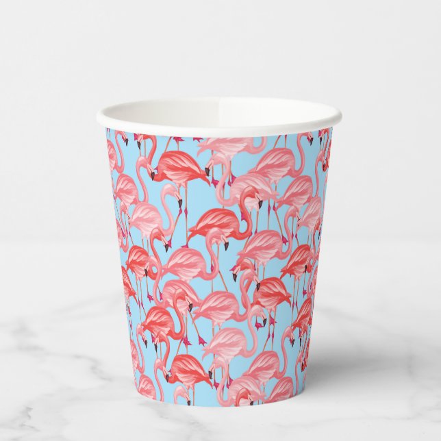 Bright Pink Flamingos On Blue Paper Cups (Left)
