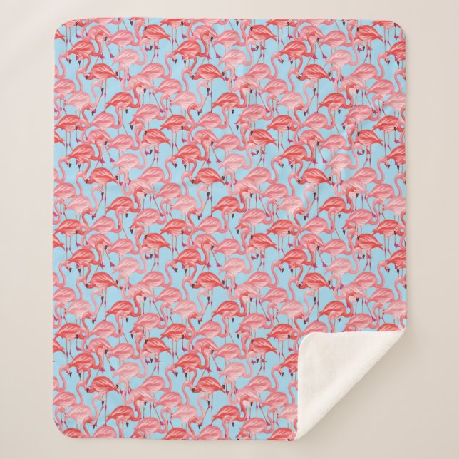Bright Pink Flamingos On Blue Sherpa Blanket (Front)
