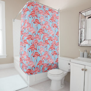 Bright Pink Flamingos On Blue Shower Curtain