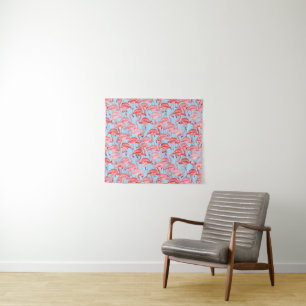 Bright Pink Flamingos On Blue Tapestry