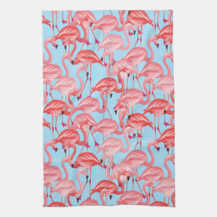 Bright Pink Flamingos On Blue Tea Towel