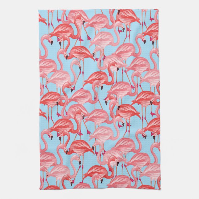 Bright Pink Flamingos On Blue Tea Towel (Vertical)