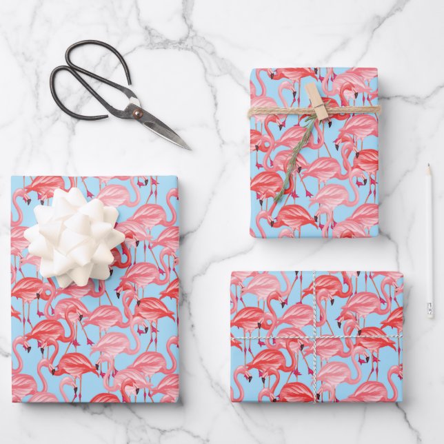 Bright Pink Flamingos On Blue Wrapping Paper Sheet (Front)
