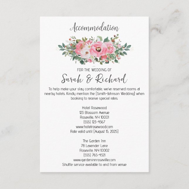 Bright Pink Floral Accommodation Wedding  Enclosure Card (Front)