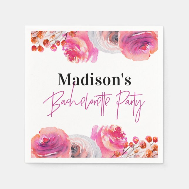 Bright Pink Floral Bachelorette Party Napkin (Front)