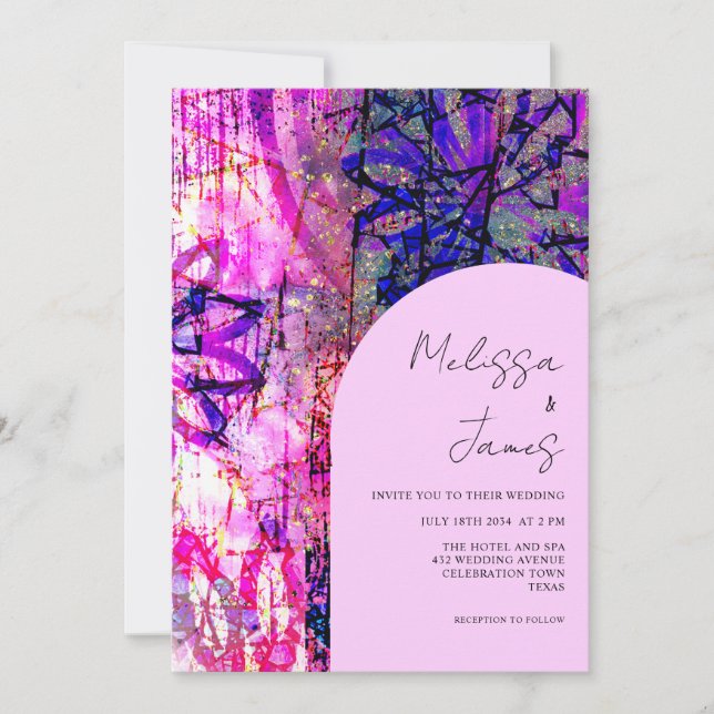 Bright Pink Floral Bold Script Colourful Wedding Invitation (Front)
