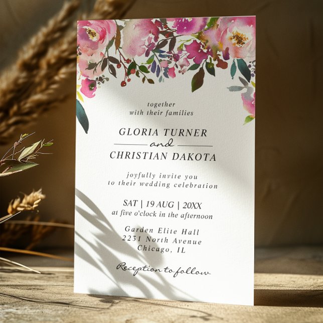 Bright Pink Floral Border Wedding Invitation (Creator Uploaded)