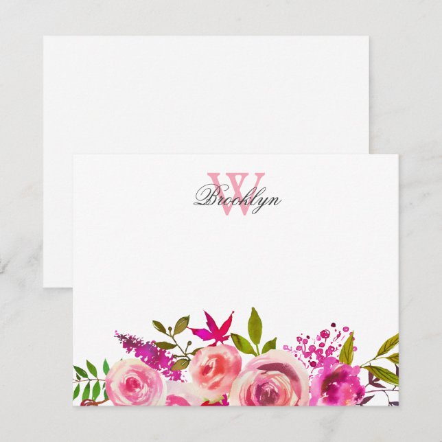 Bright Pink Floral Botanical Monogrammed Thank You Card (Front/Back)