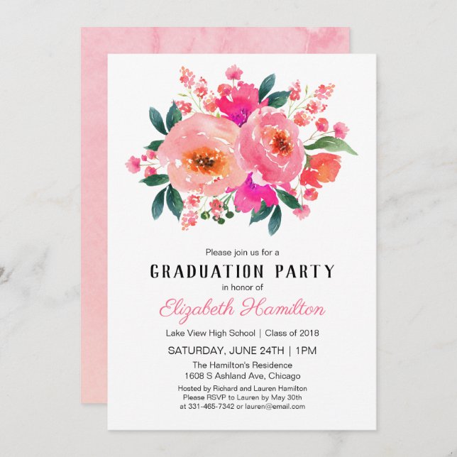 Bright Pink Floral Bouquet Graduation Party Invitation (Front/Back)