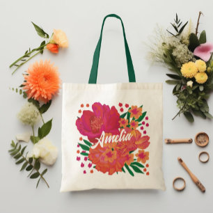 Bright Pink Floral Bridesmaid Monogram Name  Tote Bag