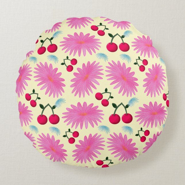 Bright Pink Floral Cherry Pattern | Cute Kawaii  Round Cushion (Front)