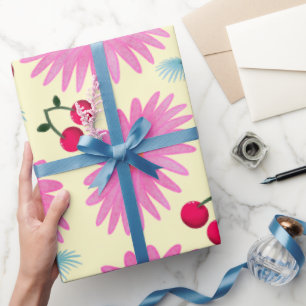 Bright Pink Floral Cherry Pattern   Cute Kawaii  Wrapping Paper