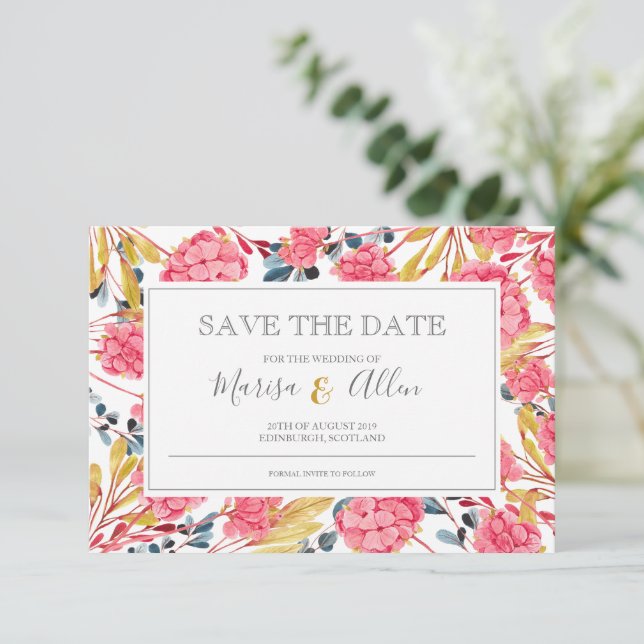Bright Pink Floral Pattern Save The Date (Standing Front)