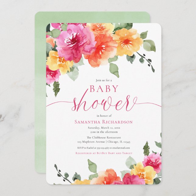 Bright pink floral peonies girl baby shower invitation (Front/Back)