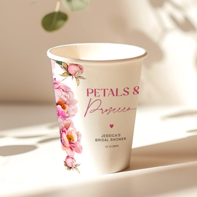 Bright pink floral petals and prosecco bridal paper cups (Creator Uploaded)