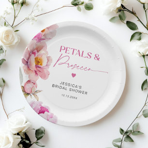 Bright pink floral petals and prosecco bridal paper plate