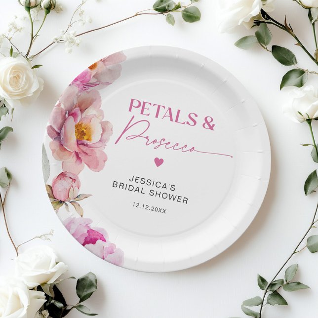 Bright pink floral petals and prosecco bridal paper plate (Creator Uploaded)
