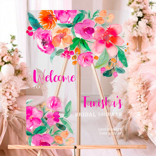 Bright pink floral script bridal shower welcome acrylic sign